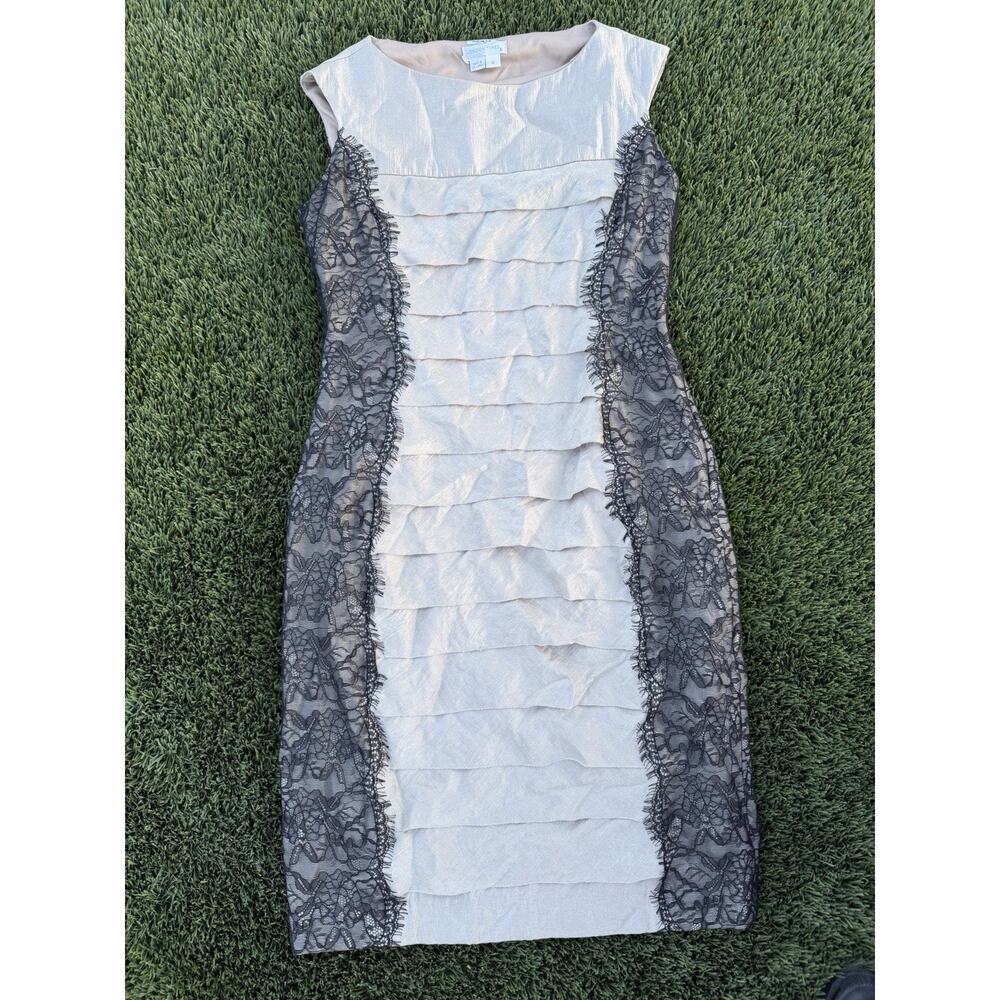 London Times Womens Sleeveless Satin Lace Sheath Dress Size 4 Beige Black‎